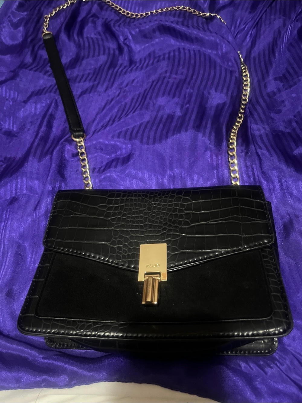 Black Croc-Embossed Shoulder Bag with Gold Chain
